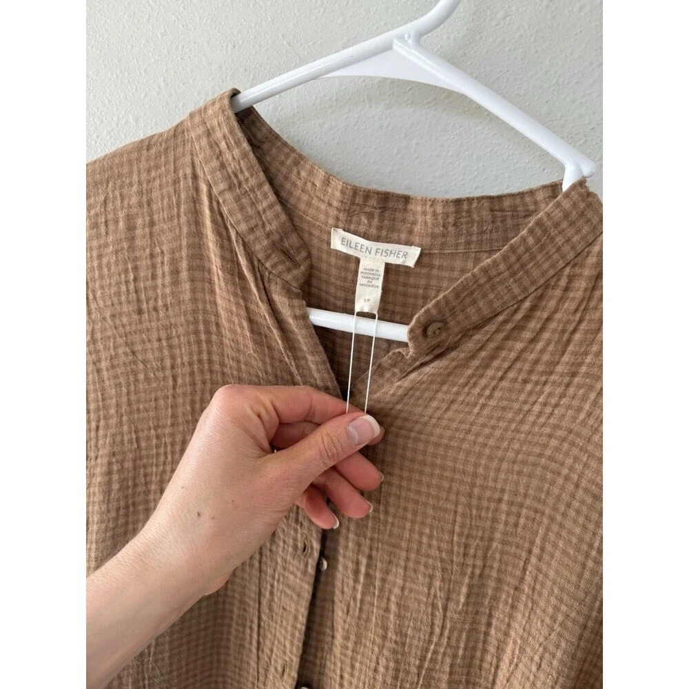 Eileen Fisher Women’s Dress Button Up Brown Orange Plaid Long Sleeve Midi Slits - Picture 3 of 6